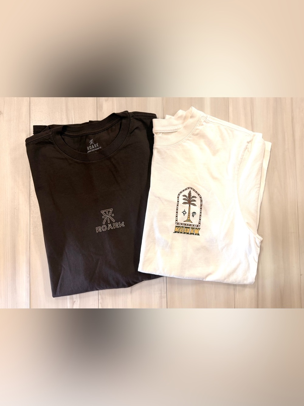 Set of 2 Roark Tees- cream short sleeve and long sleeve brown, size medium